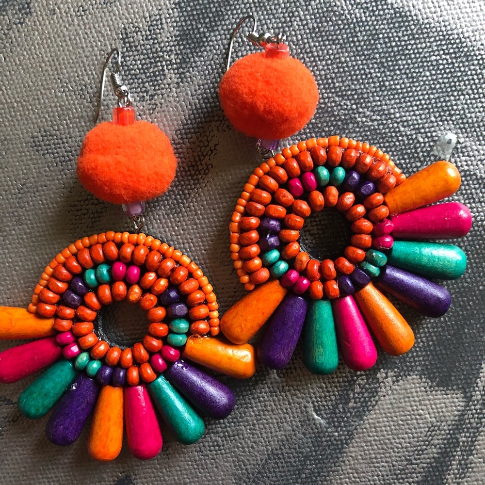 Handcrafted Wood Fringe Earrings with pom pom - Picture 1 of 4